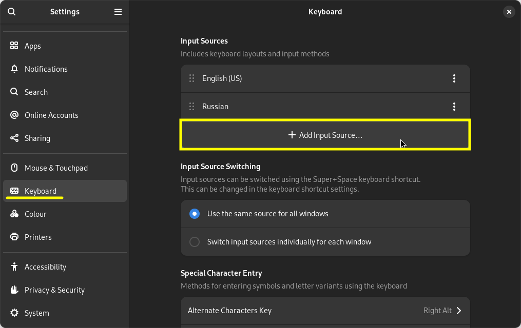 GNOME keyboard settings page with only two layouts: English (US) and Russian
