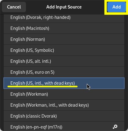 GNOME "Add Input Source" dialog, with English (US, intl., with dead keys) layout chosen