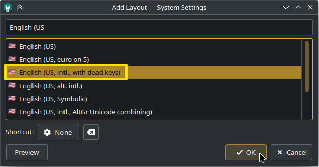 KDE Plasma keyboard layouts dialog