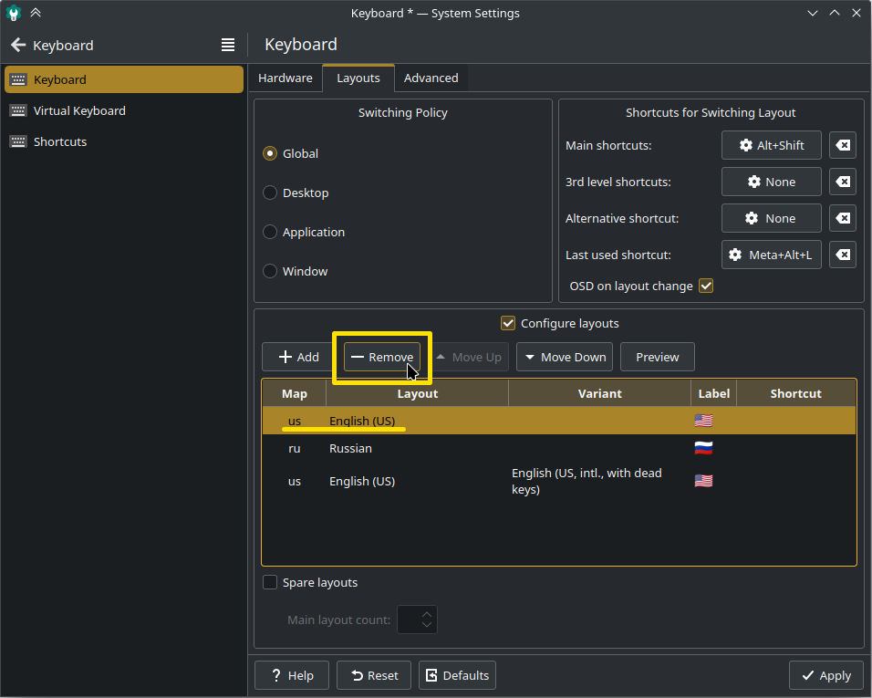 KDE Plasma keyboard settings page, now with three layouts: English (US), Russian, and (US, intl., with dead keys)