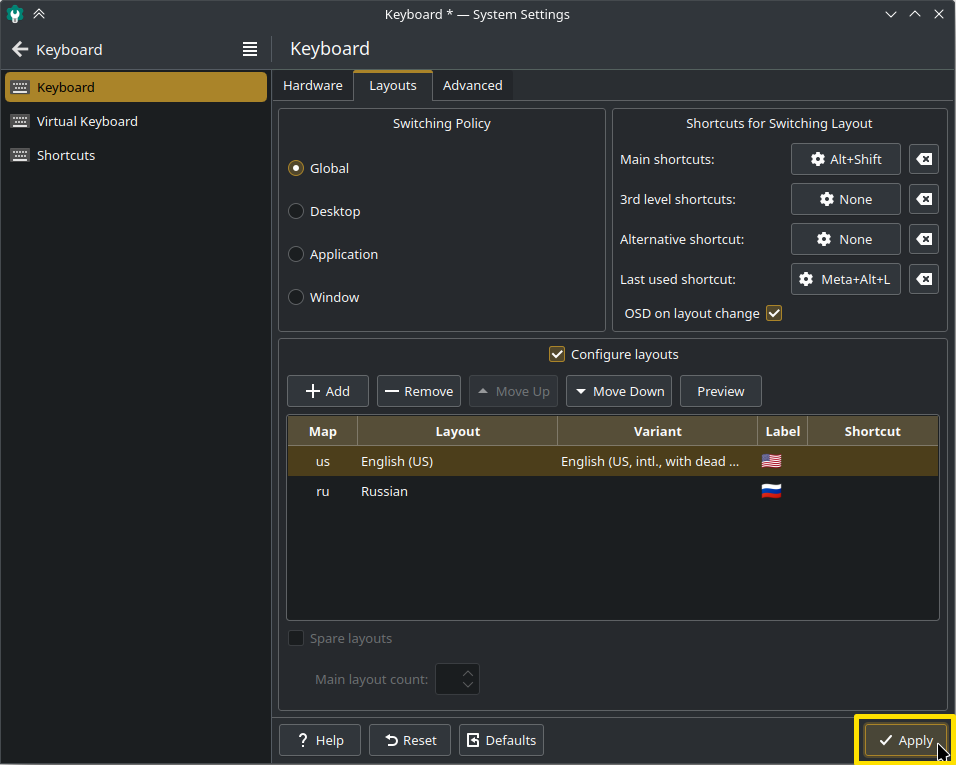 KDE Plasma keyboard settings page with the 'Apply' button selected