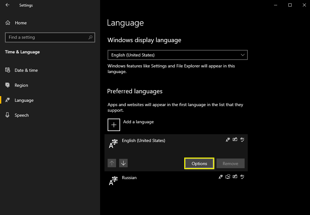 windows 10 language and keyboard options with the options button for English (United States) language focused and outlined