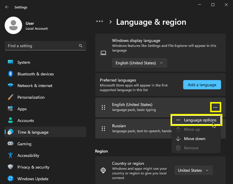 windows 10 settings with the search result for 'Edit language and keyboard options' focused and outlined