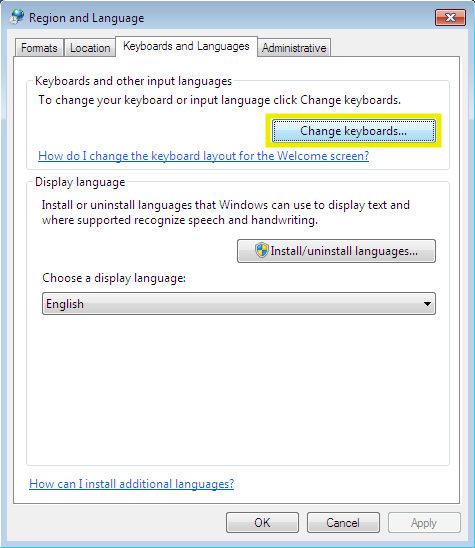 windows 10 language and keyboard options with the options button for English (United States) language focused and outlined