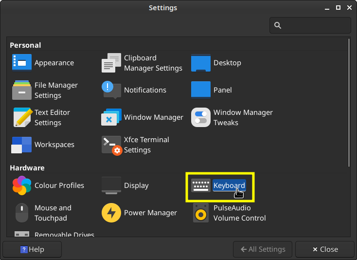 XFCE Settings Manager main page