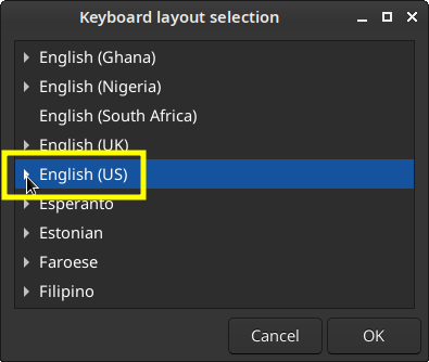 KDE Plasma keyboard settings page, now with three layouts: English (US), Russian, and (US, intl., with dead keys)
